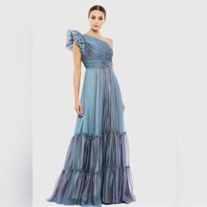 Mac Duggal One-Shoulder Tiered Chiffon Gown Fusion Blue Size 16 NWT